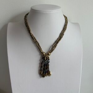 Gold Multi-Strand Beaded Necklace with Tassel Pendant